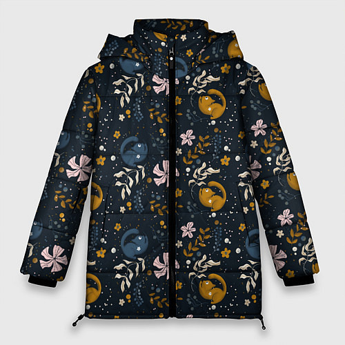 Женская зимняя куртка Растительный паттерн с котиками / 3D-Черный – фото 1