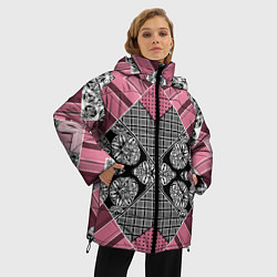 Куртка зимняя женская Геометрический розово-черный с белым узор, цвет: 3D-красный — фото 2