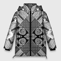 Куртка зимняя женская Черно белый этнический лоскутный узор, цвет: 3D-светло-серый