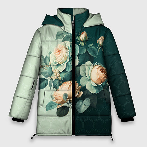 Женская зимняя куртка Розы на зеленом фоне / 3D-Черный – фото 1
