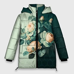 Женская зимняя куртка Розы на зеленом фоне