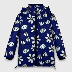Куртка зимняя женская Дудл ромашки на синем фоне - паттерн, цвет: 3D-черный