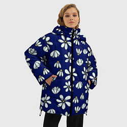 Куртка зимняя женская Дудл ромашки на синем фоне - паттерн, цвет: 3D-черный — фото 2