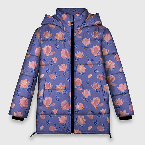 Женская зимняя куртка Цветы магнолии на нежно-лиловом / 3D-Черный – фото 1