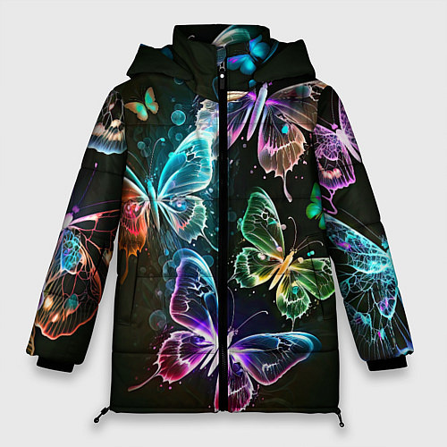 Женская зимняя куртка Неоновые дикие бабочки / 3D-Черный – фото 1