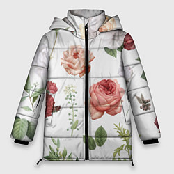 Женская зимняя куртка Гербарий цветов на белом фоне