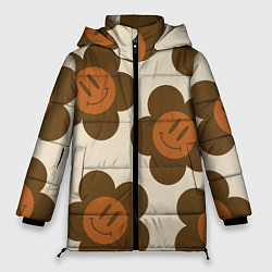 Куртка зимняя женская Цветочки-смайлики ретро, цвет: 3D-черный