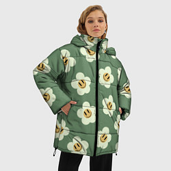 Куртка зимняя женская Цветочки-смайлики: темно-зеленый паттерн, цвет: 3D-светло-серый — фото 2