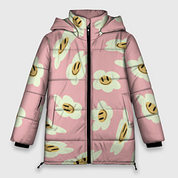 Куртка зимняя женская Искаженные смайлы-цветы на розовом паттер, цвет: 3D-черный