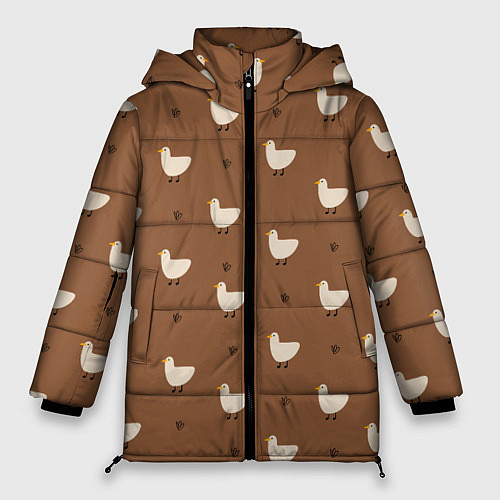 Женская зимняя куртка Гуси и травка - паттерн коричневый / 3D-Светло-серый – фото 1