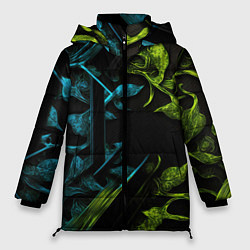 Куртка зимняя женская Зеленые и синие абстрактные листья, цвет: 3D-красный