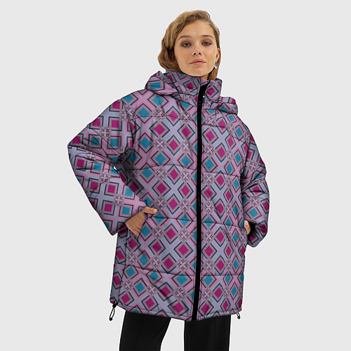 Женская зимняя куртка Геометрический узор в темных красном и синем цвете / 3D-Светло-серый – фото 3