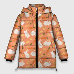 Куртка зимняя женская Зайцы с морковью паттерн, цвет: 3D-красный