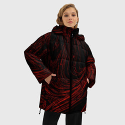 Куртка зимняя женская Абстракция красные кривые линии на черном, цвет: 3D-черный — фото 2