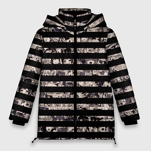 Женская зимняя куртка В полоску с ахегао / 3D-Черный – фото 1