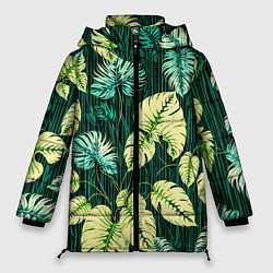 Куртка зимняя женская Листья узор тропический, цвет: 3D-красный