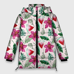 Женская зимняя куртка Арбузы, цветы и тропические листья