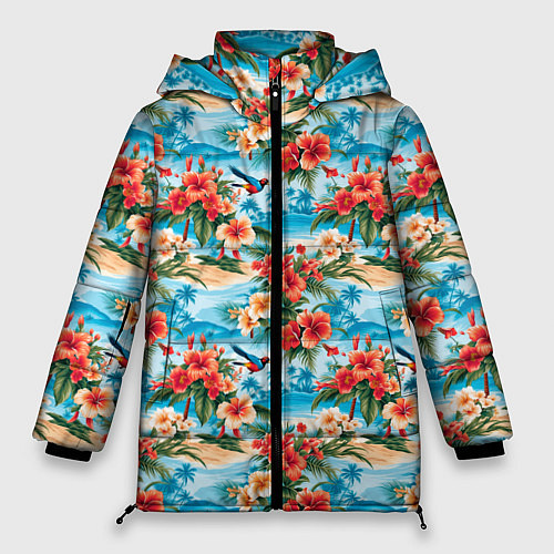 Женская зимняя куртка Гавайский стиль летние цветы / 3D-Черный – фото 1