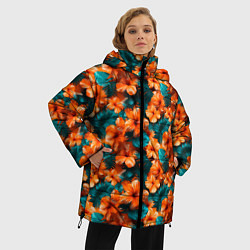 Куртка зимняя женская Оранжевые цветы гавайские, цвет: 3D-красный — фото 2