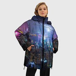 Куртка зимняя женская Большой город в розово-голубых огнях, цвет: 3D-красный — фото 2