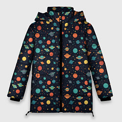 Женская зимняя куртка Темный космос с планетами паттерн