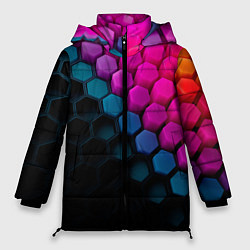 Куртка зимняя женская Цветной шестиугольник, цвет: 3D-черный
