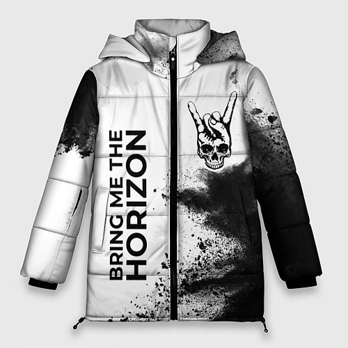 Женская зимняя куртка Bring Me the Horizon и рок символ на светлом фоне / 3D-Черный – фото 1
