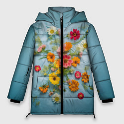Куртка зимняя женская Букет полевых цветов на ткани, цвет: 3D-черный
