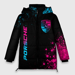 Куртка зимняя женская Porsche - neon gradient: надпись, символ, цвет: 3D-черный