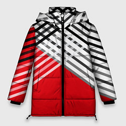 Женская зимняя куртка Косые черно-белые полосы на красном