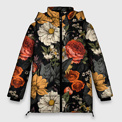 Куртка зимняя женская Цветочный паттерн на черном, цвет: 3D-красный