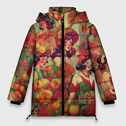 Куртка зимняя женская Винтажные ретро леди и цветы, цвет: 3D-черный