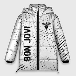 Куртка зимняя женская Bon Jovi glitch на светлом фоне: надпись, символ, цвет: 3D-черный