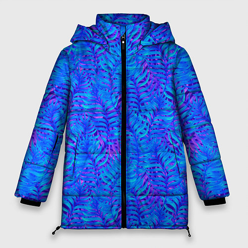 Женская зимняя куртка Синие неоновые листья / 3D-Черный – фото 1