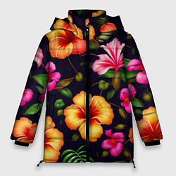 Куртка зимняя женская Гавайские цветы узор, цвет: 3D-красный