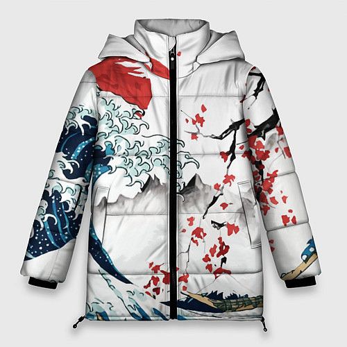 Женская зимняя куртка Хокусай большая волна в Канагаве - пародия укиё / 3D-Черный – фото 1