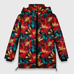 Куртка зимняя женская Красные цветы с синими листьями узор, цвет: 3D-красный