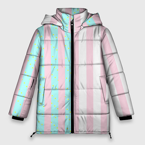Женская зимняя куртка Полоска Барби и Кена - сплит: нежно-мытный и розов / 3D-Черный – фото 1