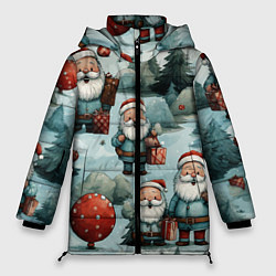 Куртка зимняя женская Рождественский узор с Санта Клаусами, цвет: 3D-красный