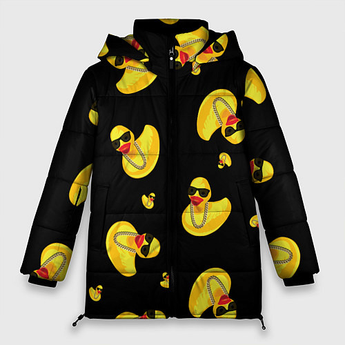 Женская зимняя куртка Жёлтая уточка в в темных очках и цепочке на черном / 3D-Черный – фото 1