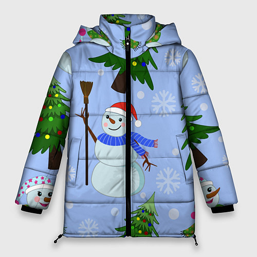 Женская зимняя куртка Снеговики с новогодними елками паттерн / 3D-Черный – фото 1
