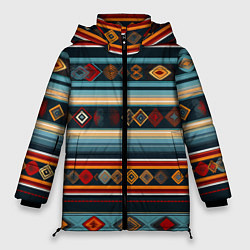 Куртка зимняя женская Этнический орнамент в горизонтальную полоску, цвет: 3D-черный