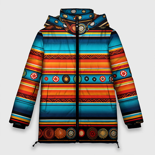 Женская зимняя куртка Этнический узор в горизонтальную полоску / 3D-Черный – фото 1