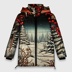 Куртка зимняя женская Новый год природа, цвет: 3D-красный