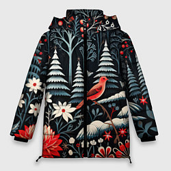 Женская зимняя куртка Новогодний лес и птицы