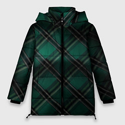 Куртка зимняя женская Тёмно-зелёная диагональная шотландская клетка, цвет: 3D-черный