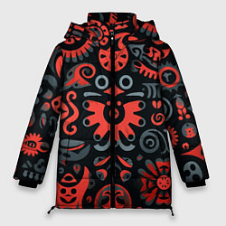 Куртка зимняя женская Красно-черный узор в славянском стиле, цвет: 3D-черный