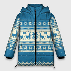 Куртка зимняя женская Sweater with deer on a blue background, цвет: 3D-черный