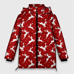 Куртка зимняя женская Красный паттерн с новогодними оленями, цвет: 3D-черный