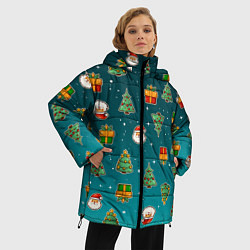 Куртка зимняя женская Подарки новогодние елки и Санта - паттерн градиент, цвет: 3D-черный — фото 2